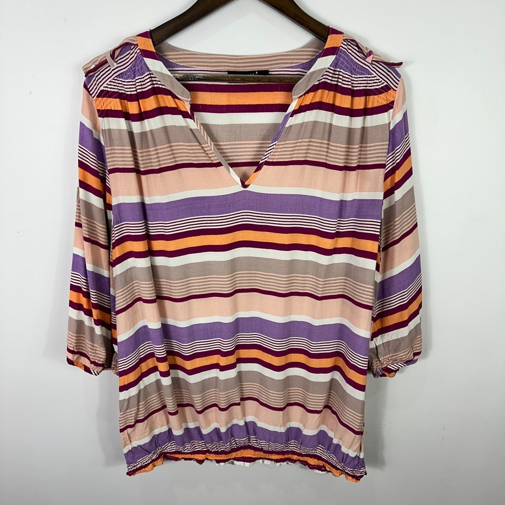 a.n.a Striped Blouse 1X Boho V Neck 3/4 Sleeve Smocked Hem Retro Artsy Festival